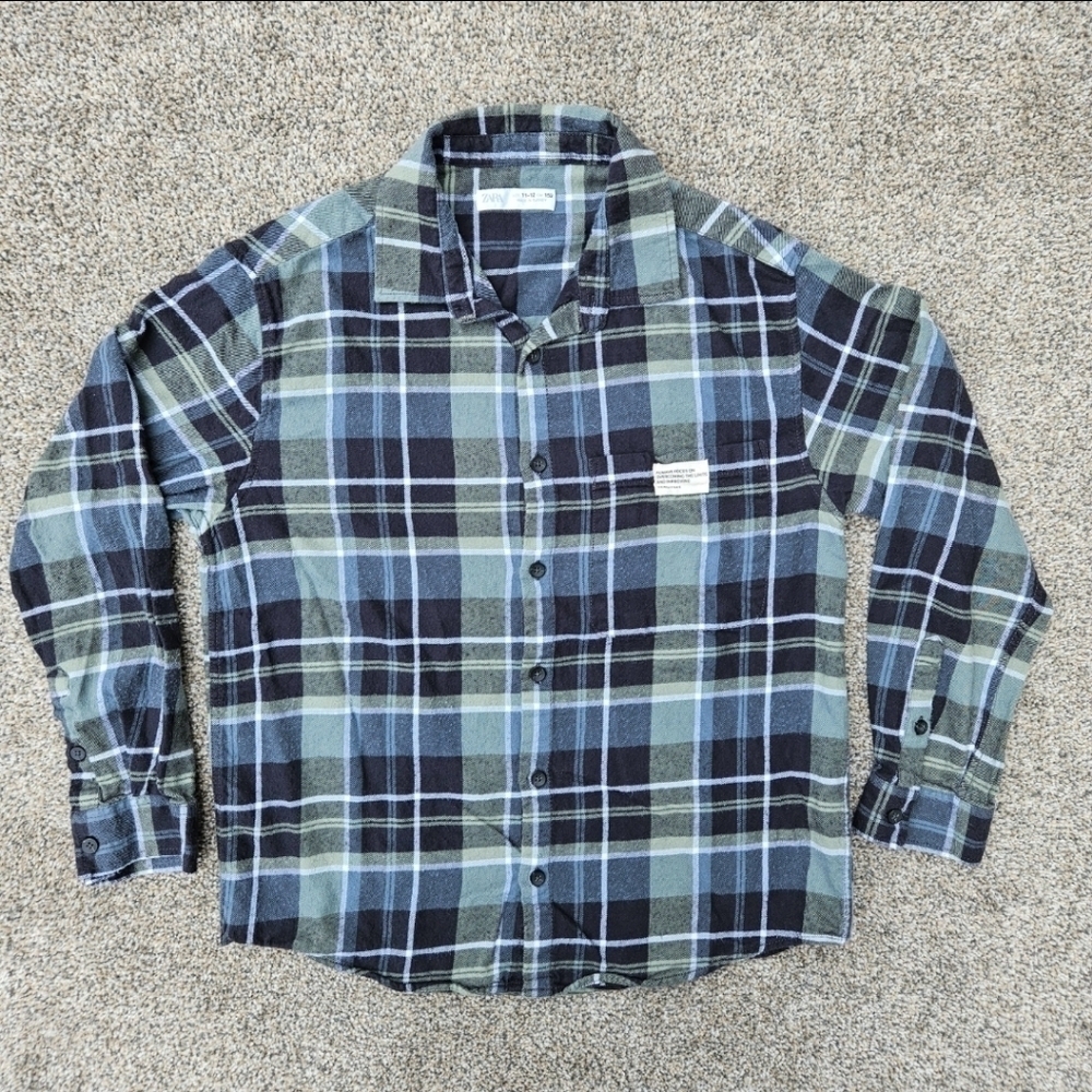 Zara Boys Plaid Long Sleeve Button Down Shirt Blue Green White Kids Size 11-12